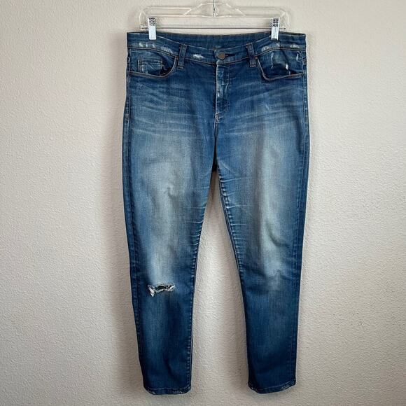 BlankNYC Jeans Women's 31 Mid Rise Skinny Leg Contrasting Medium Wash Distressed - Picture 1 of 6